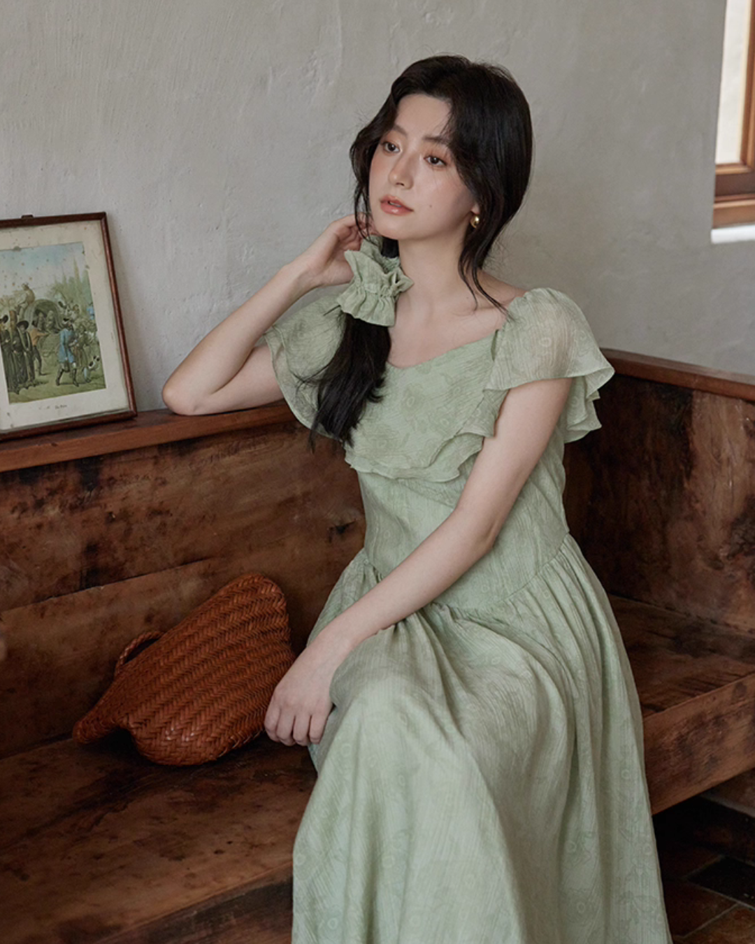 Frill Collar Green Long Dress SMS0012