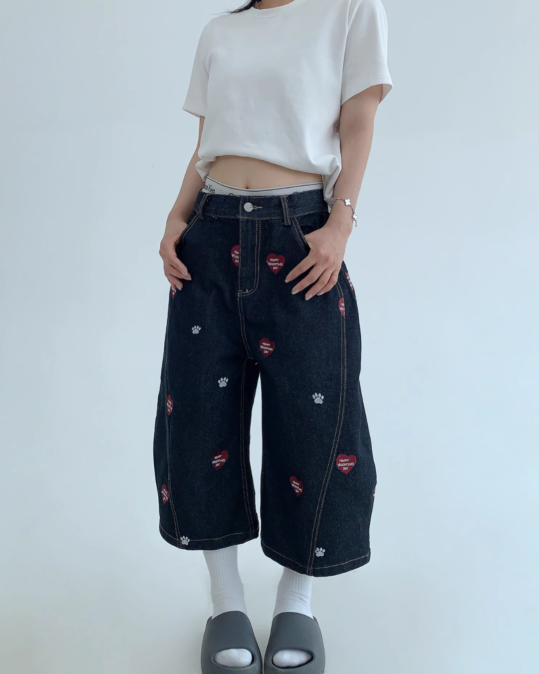 Heart Embroidery Design Wide Denim Pants YLS0851