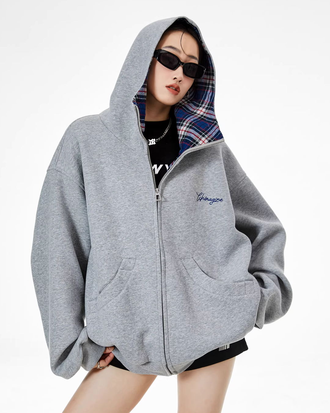 Retro Plaid Stitched Zip Hoodie ICM0069