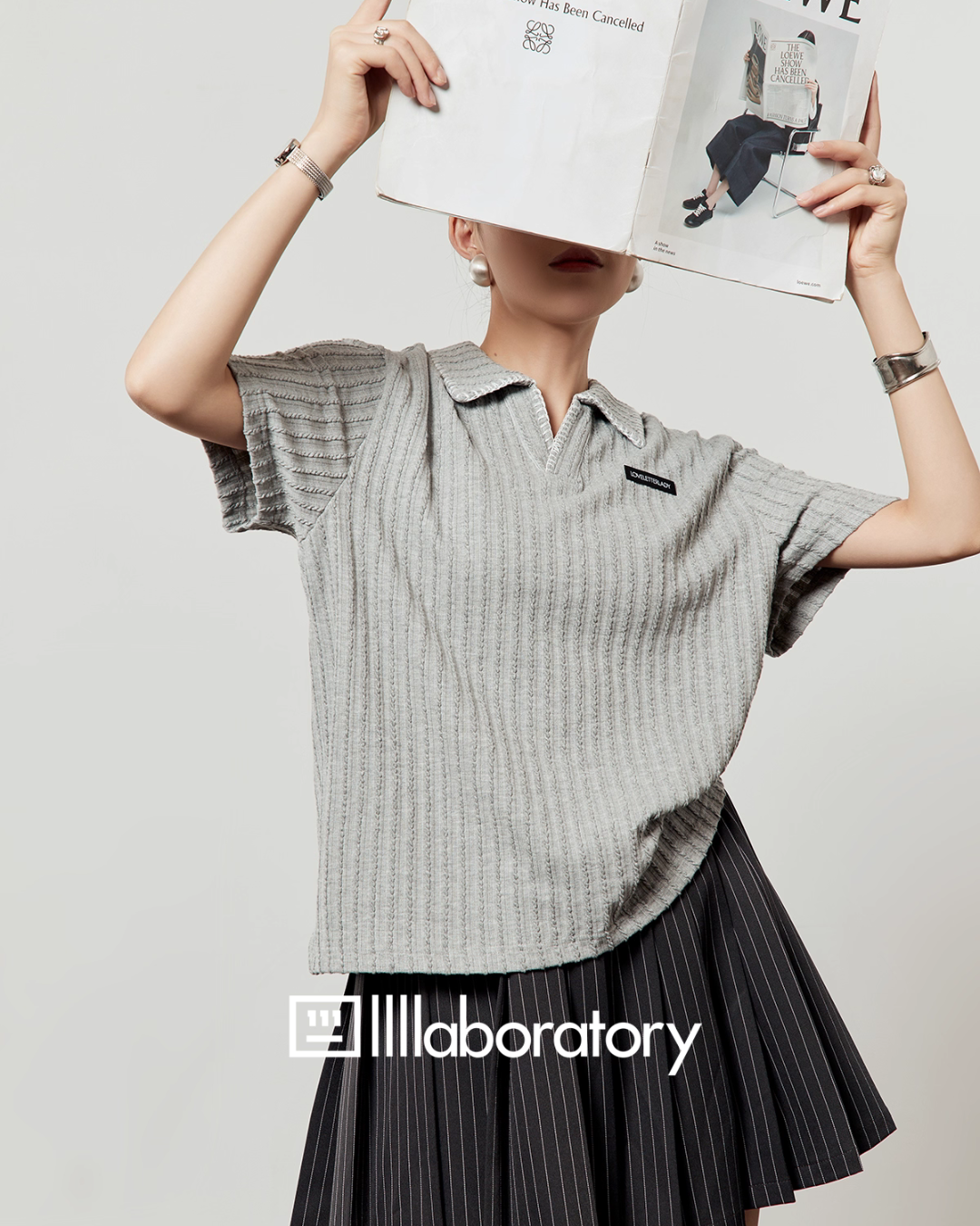 Polo Knit Relax Tops / Stripe Pleated Skirt LLA0490
