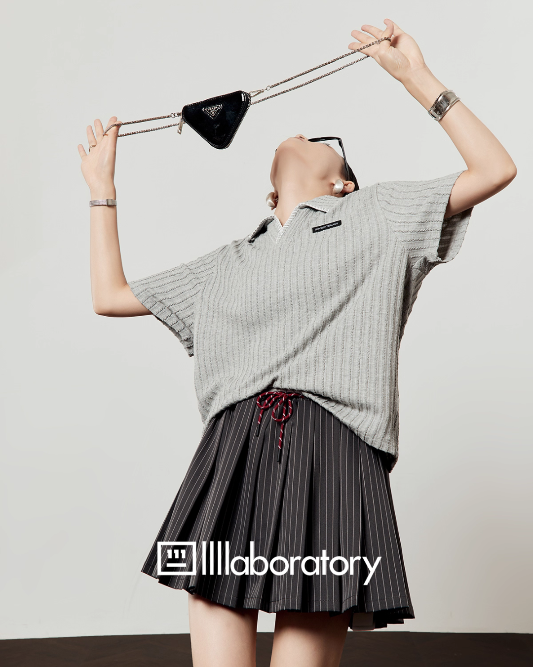 Polo Knit Relax Tops / Stripe Pleated Skirt LLA0490