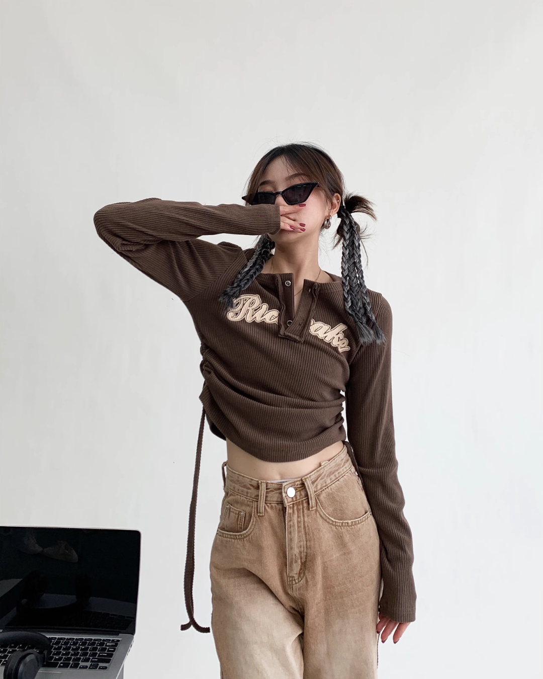 Side Shearling Henley Neck Short Sleeve Top YLS0376