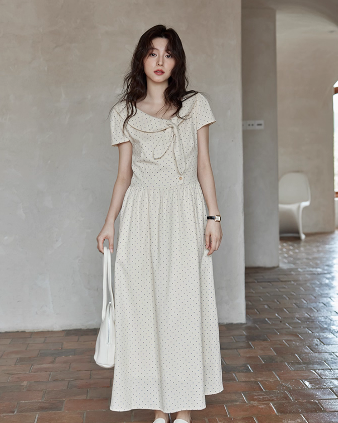 Ribbon Collar Polka Dot Dress SMS0022