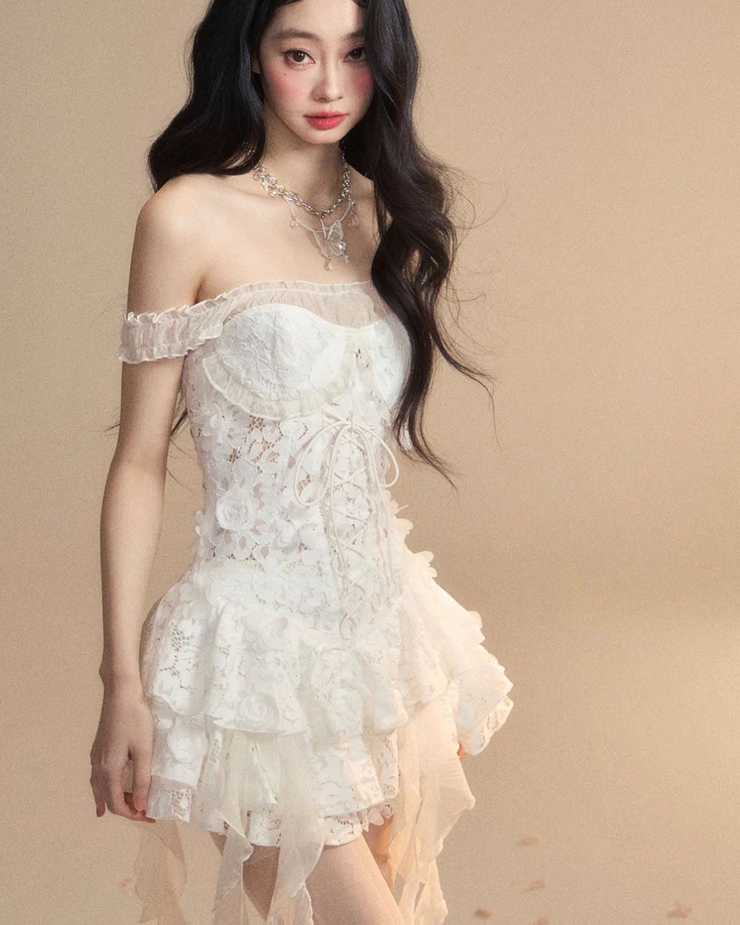 Off-shoulder lace ruffle dress LAS0022
