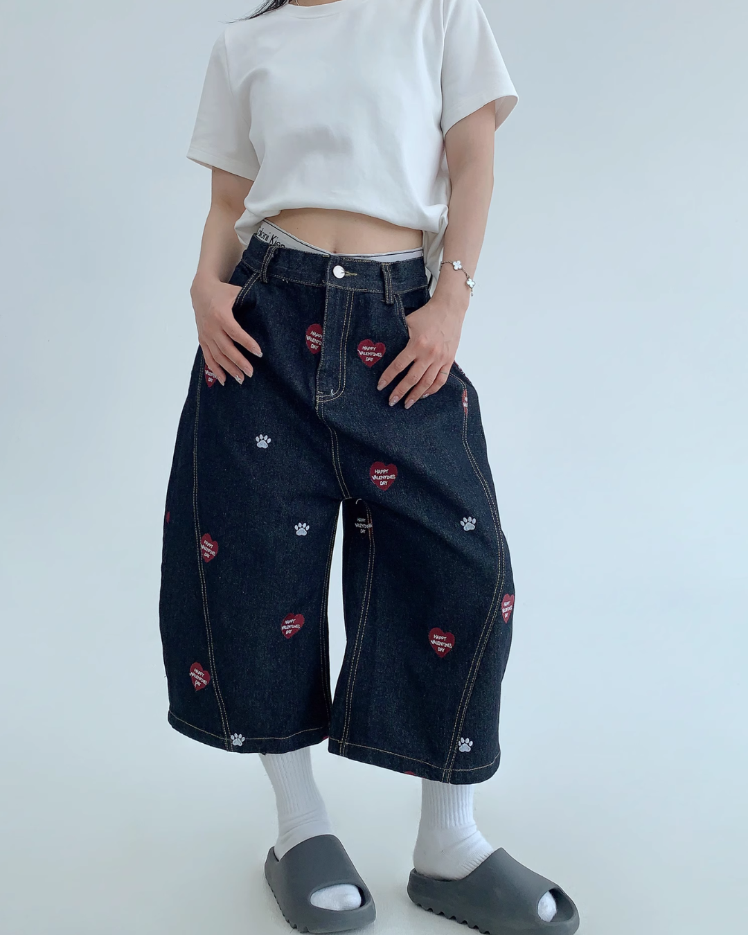Heart Embroidery Design Wide Denim Pants YLS0851