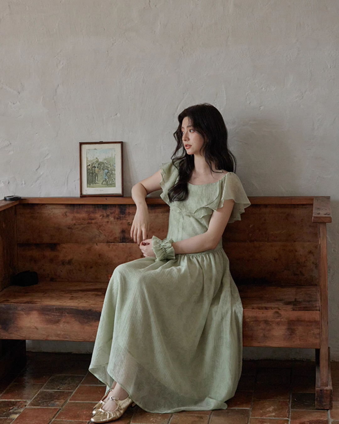 Frill Collar Green Long Dress SMS0012