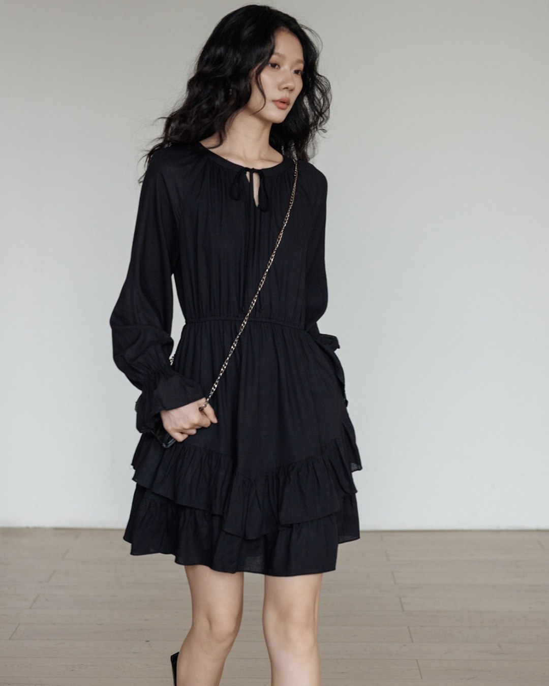 Round Neck Linen Long Sleeve Dress VAS0152