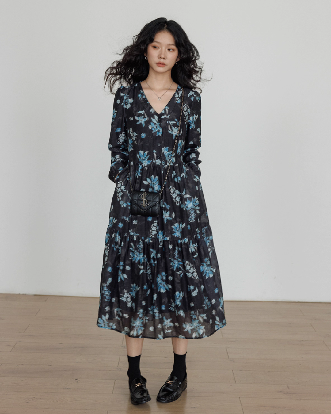V-Neck Linen Print Elegant Dress VAS0151