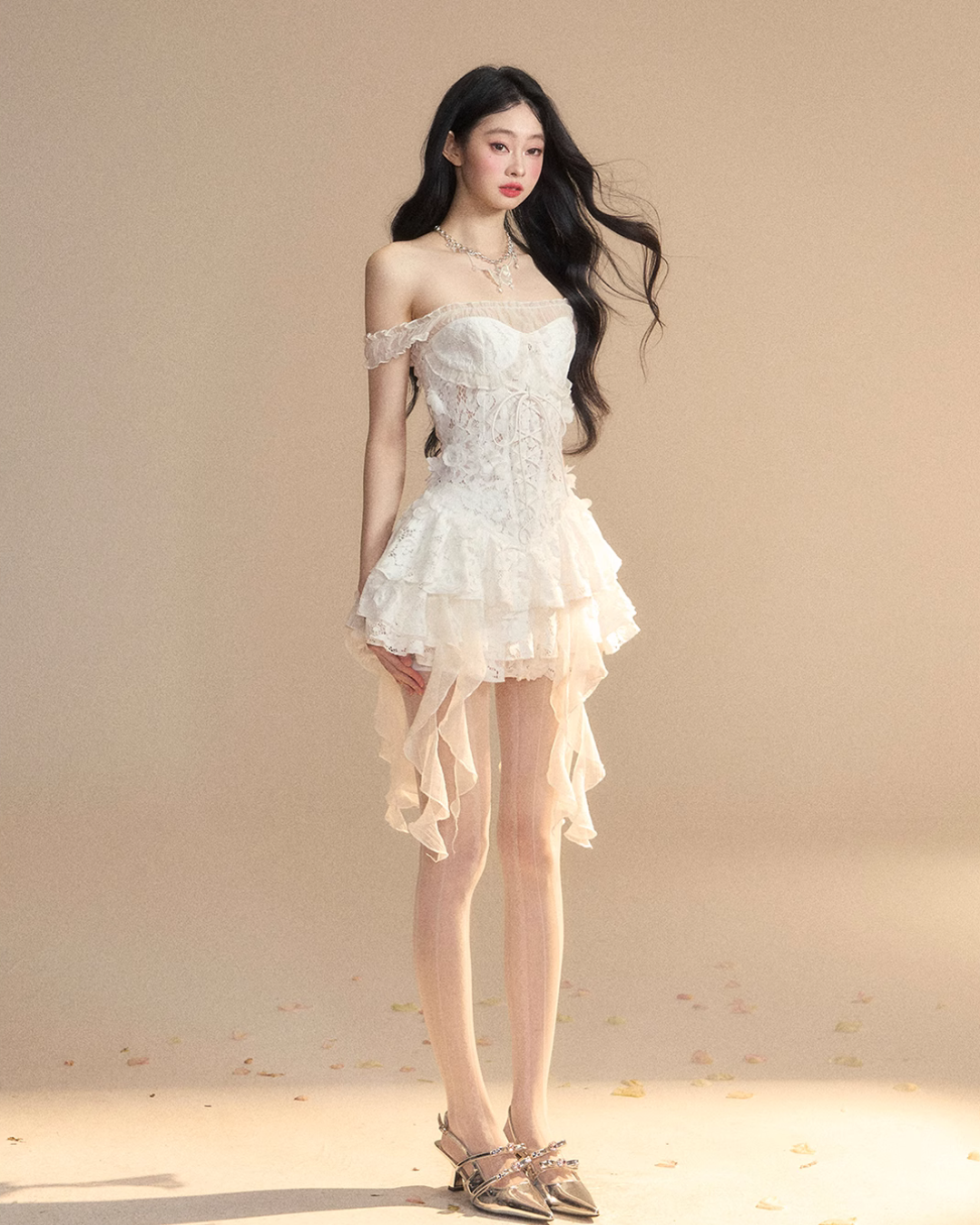 Off-shoulder lace ruffle dress LAS0022