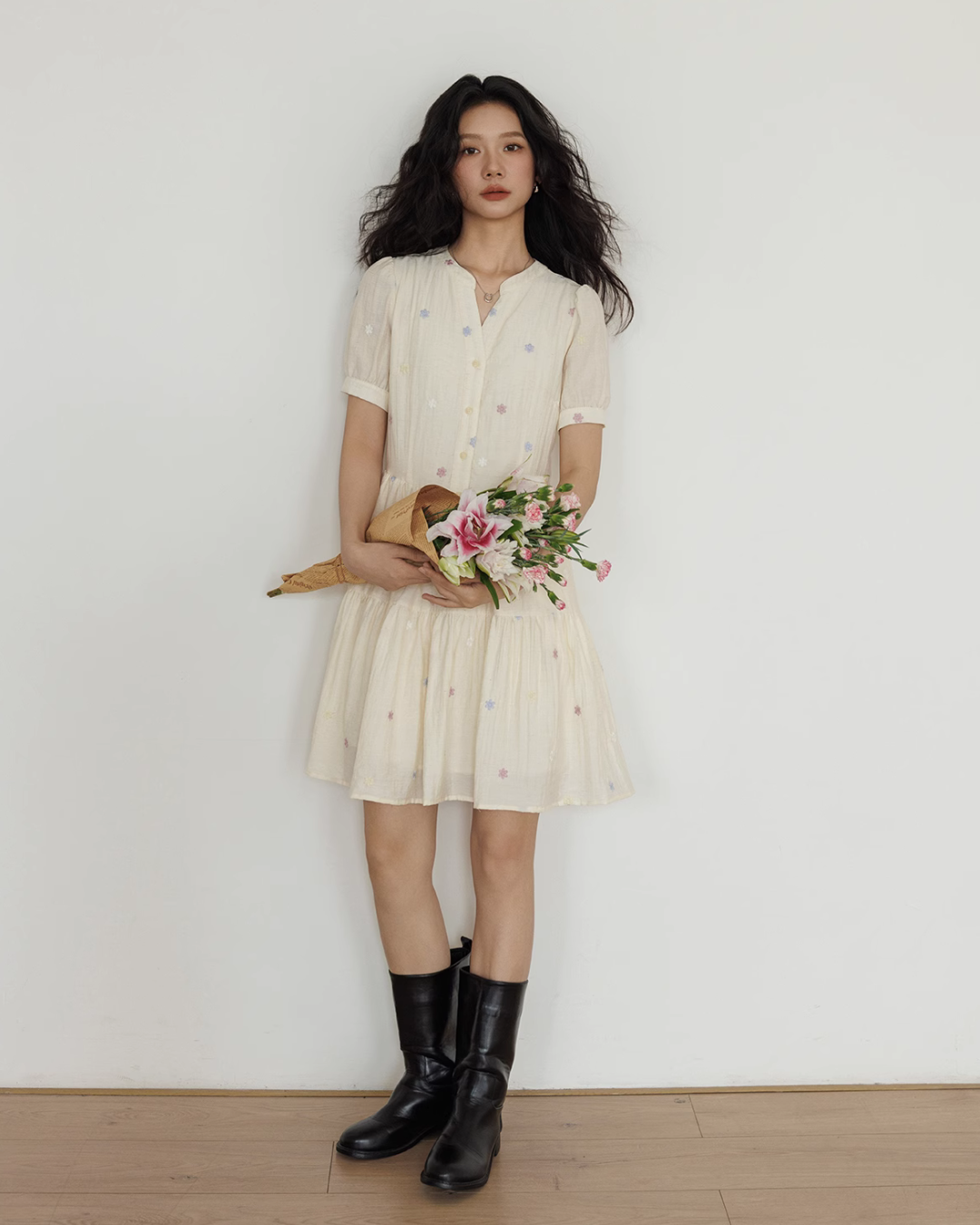 Flower Embroidery Tiered Mini Dress VAS0020