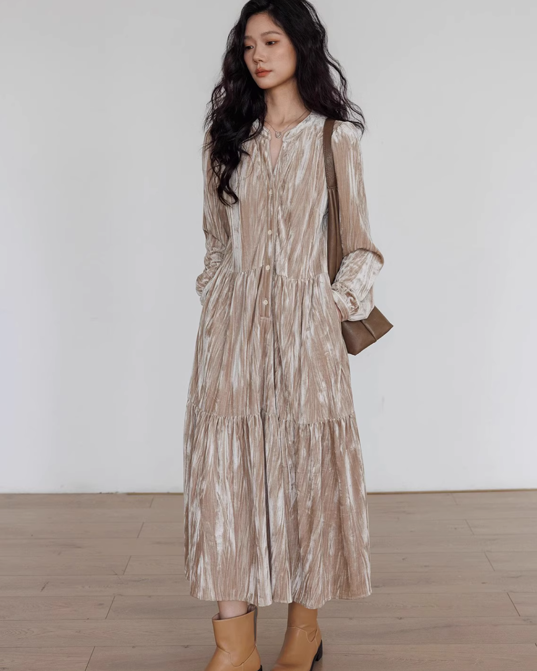 V-Neck Velvet Long Dress VAS0144
