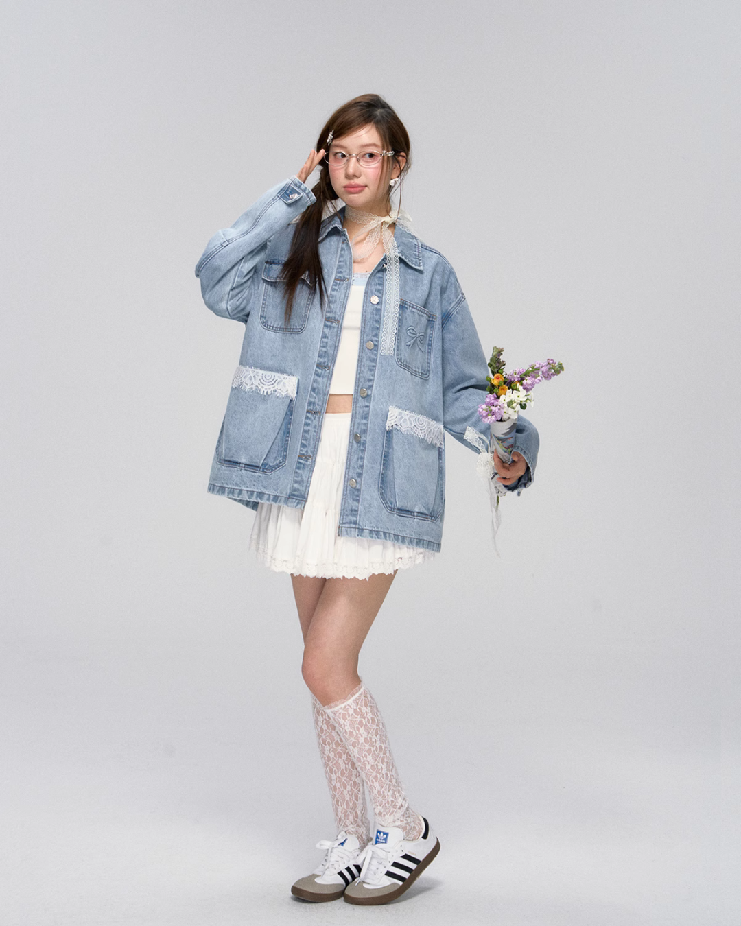 Lace Pocket Denim Jacket / Cropped Lace Camisole ASG0029
