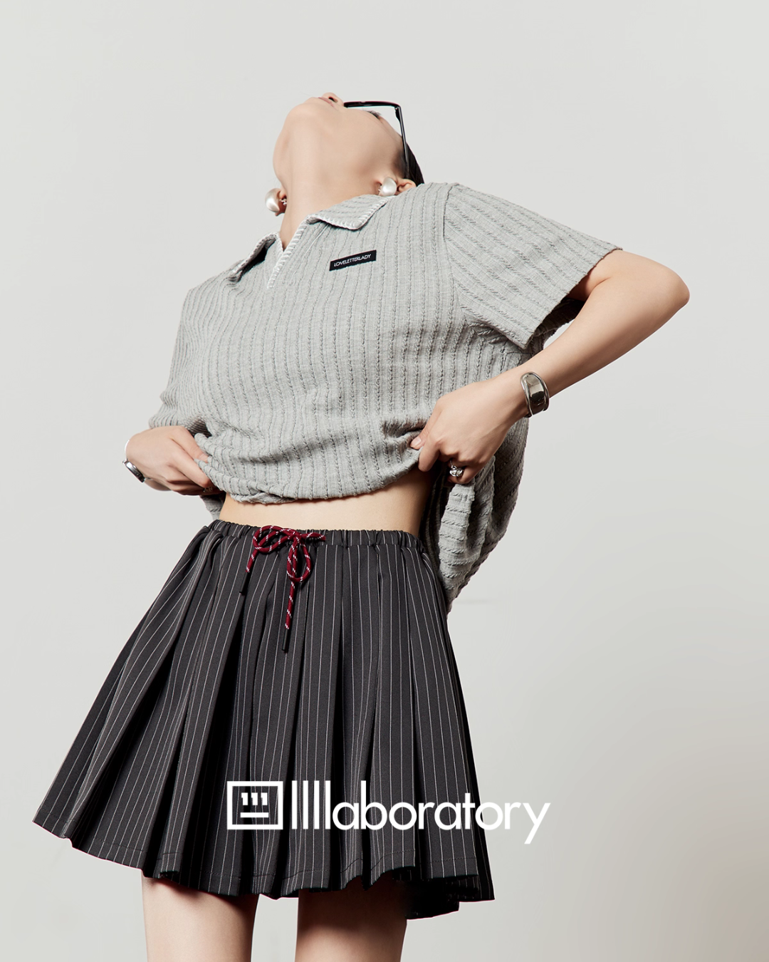 Polo Knit Relax Tops / Stripe Pleated Skirt LLA0490