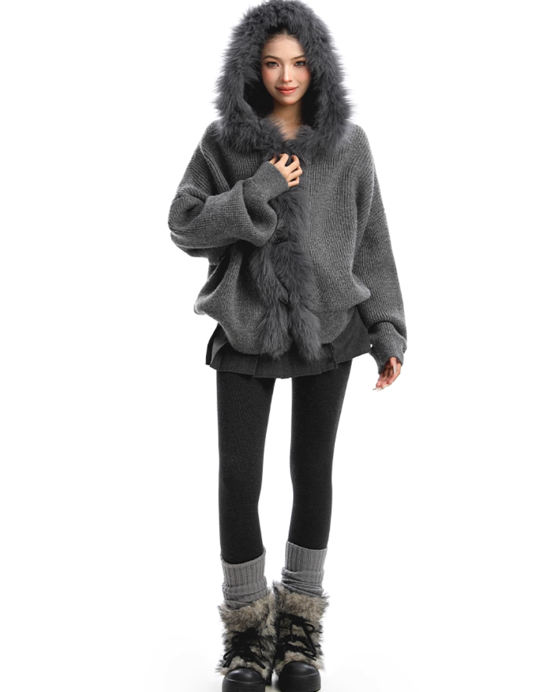 Fur Hood Zip Up Knit BGS0018
