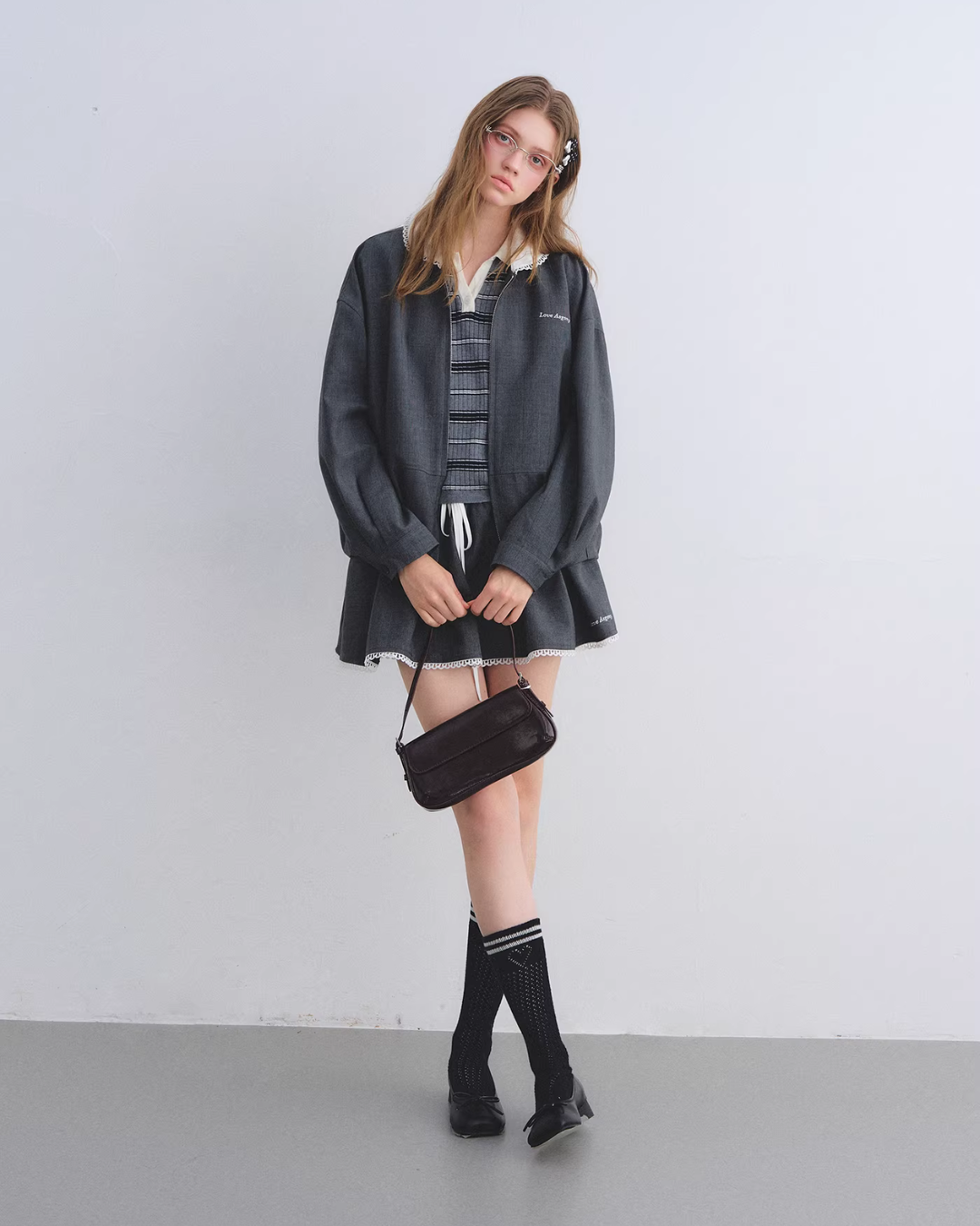 Lace Collar Zip Jacket / Flared Mini Skirt ASG0084