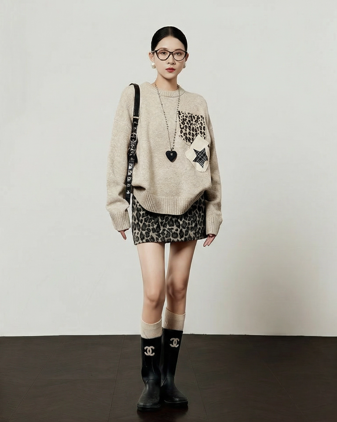 Leopard Round Neck Knit / Leopard Mini Skirt LLA0588