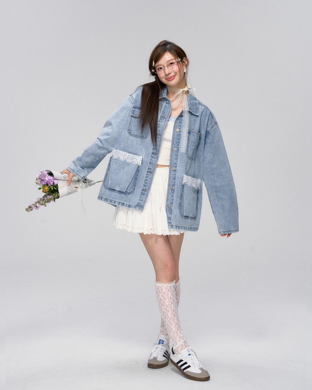 Lace Pocket Denim Jacket / Cropped Lace Camisole ASG0029