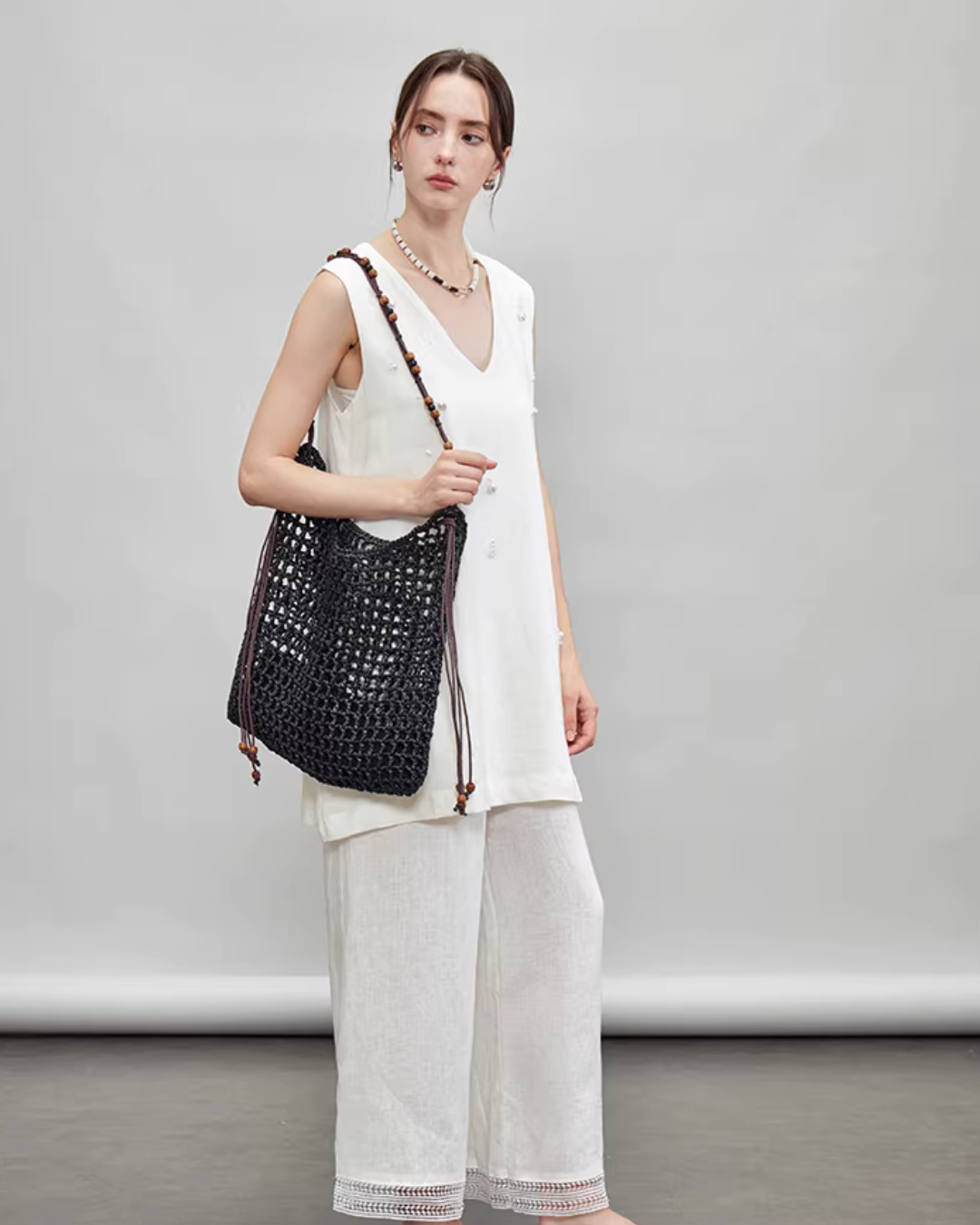 V-Neck Linen Sleeveless / Straight Linen Wide Pants TEO0012