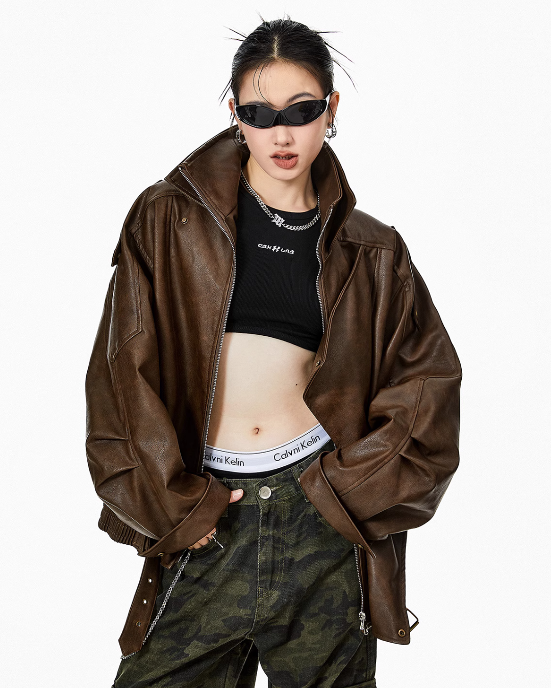 Stand Collar Volume Leather Jacket ICM0063