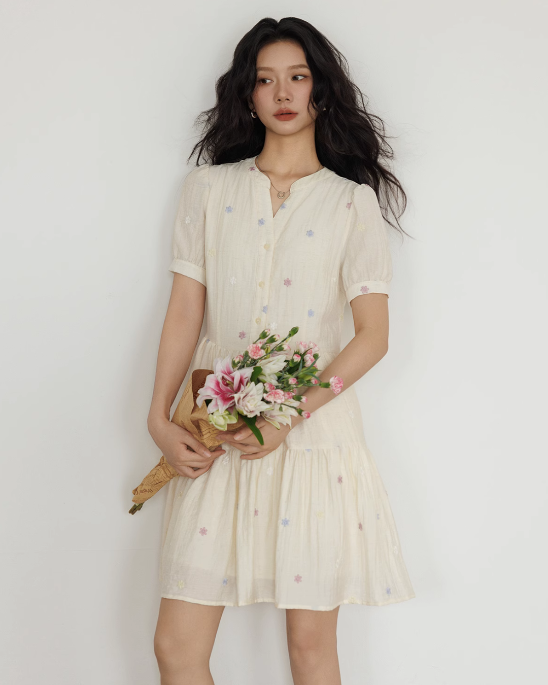 Flower Embroidery Tiered Mini Dress VAS0020