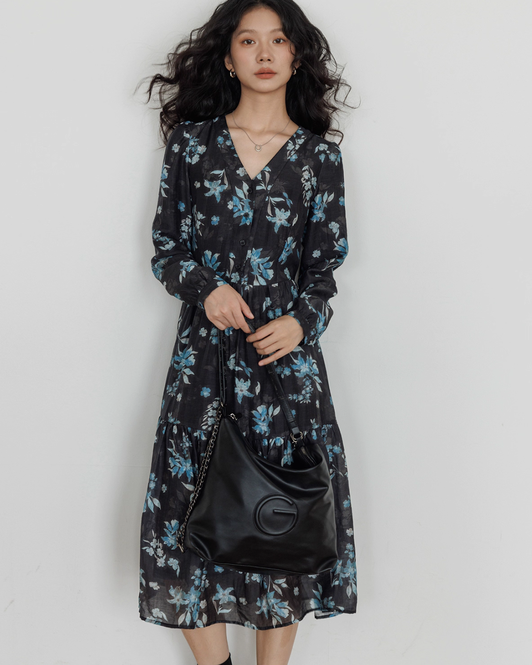 V-Neck Linen Print Elegant Dress VAS0151