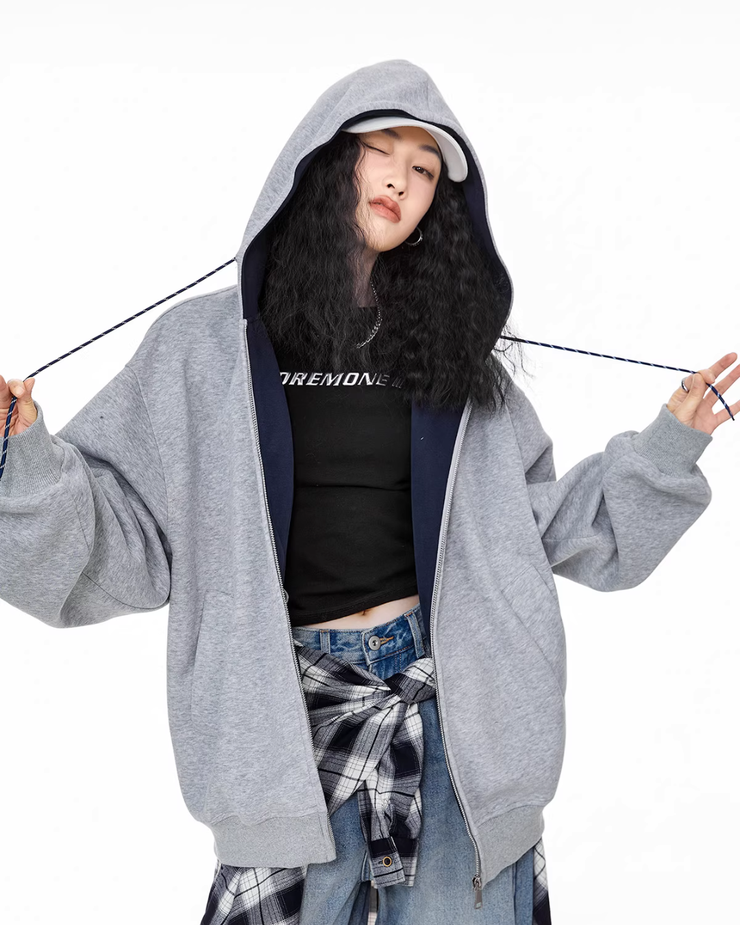 Oversized Drawstring Full Zip Hoodie ICM0073