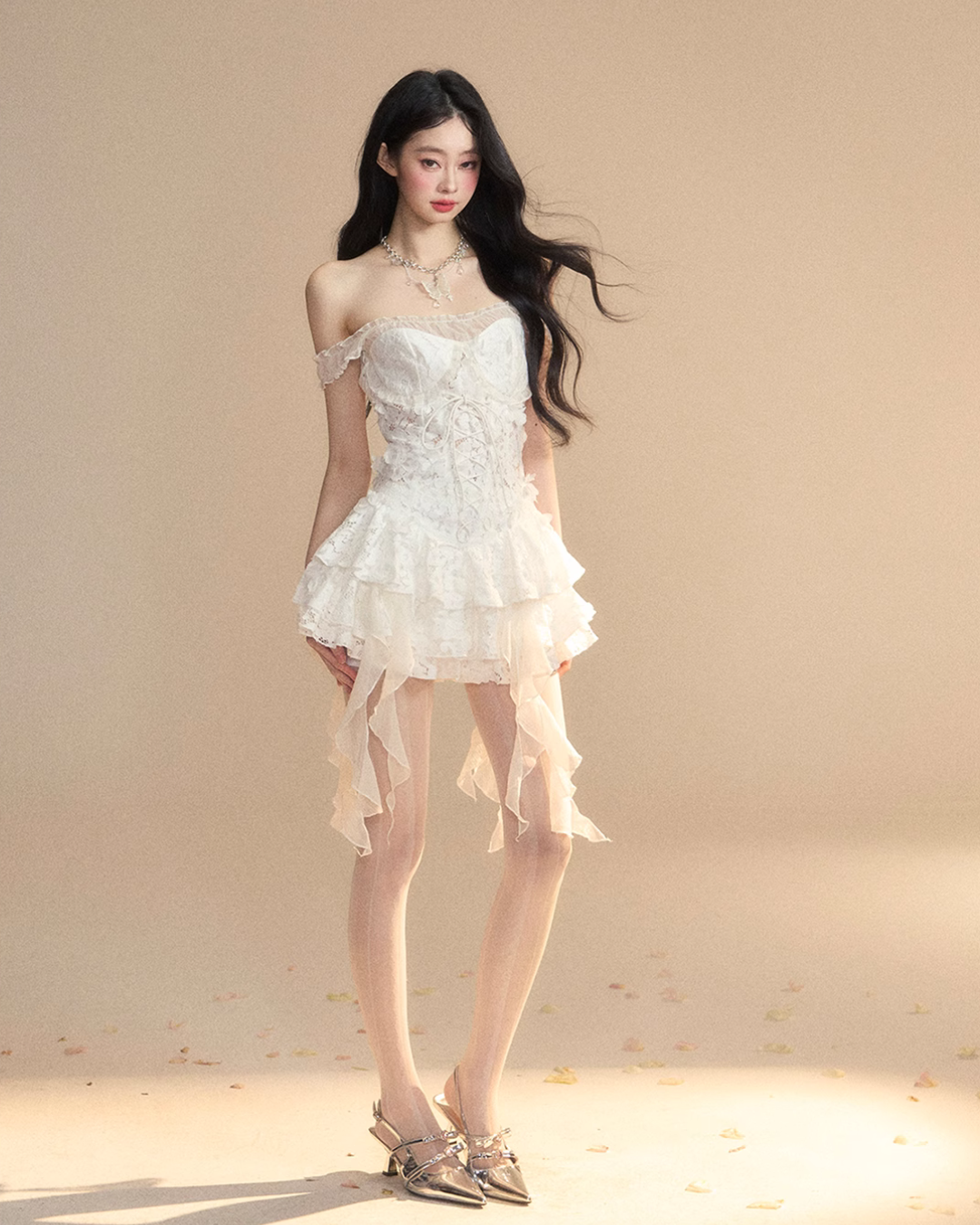 Off-shoulder lace ruffle dress LAS0022