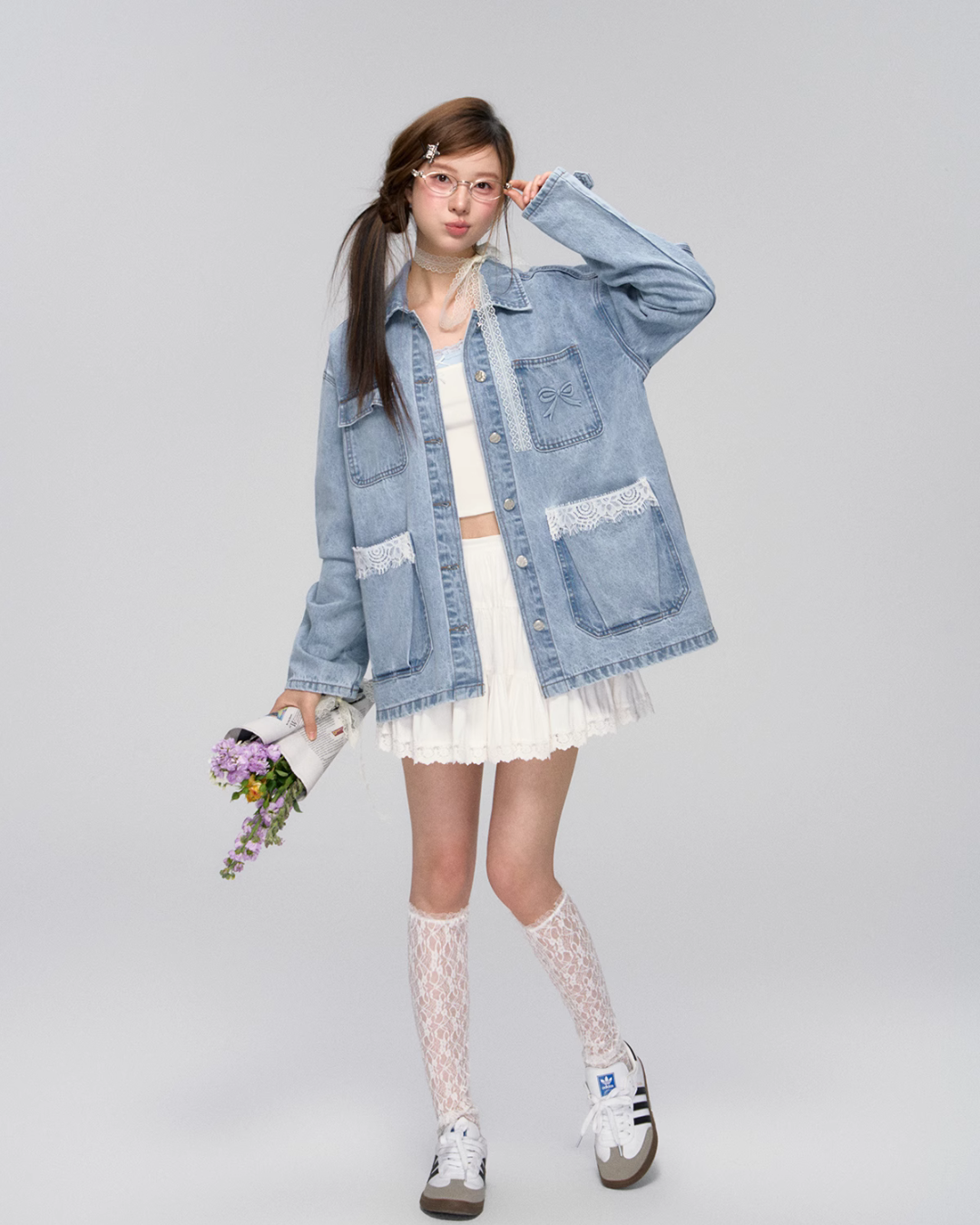 Lace Pocket Denim Jacket / Cropped Lace Camisole ASG0029