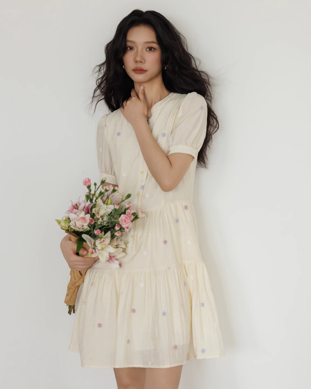 Flower Embroidery Tiered Mini Dress VAS0020