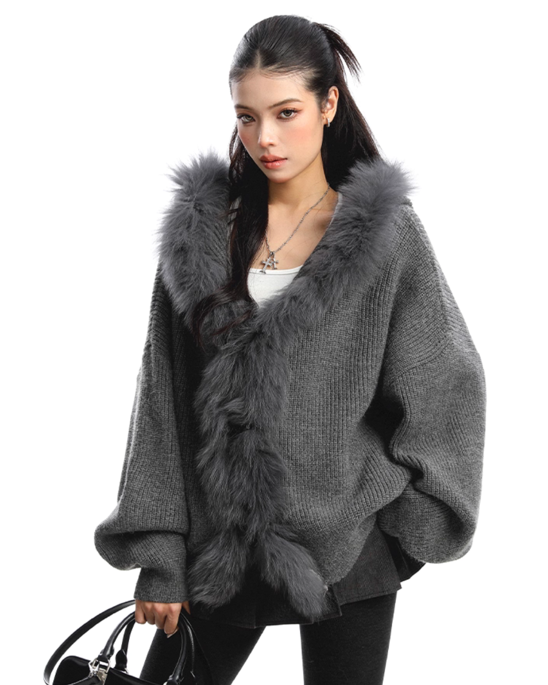 Fur Hood Zip Up Knit BGS0018