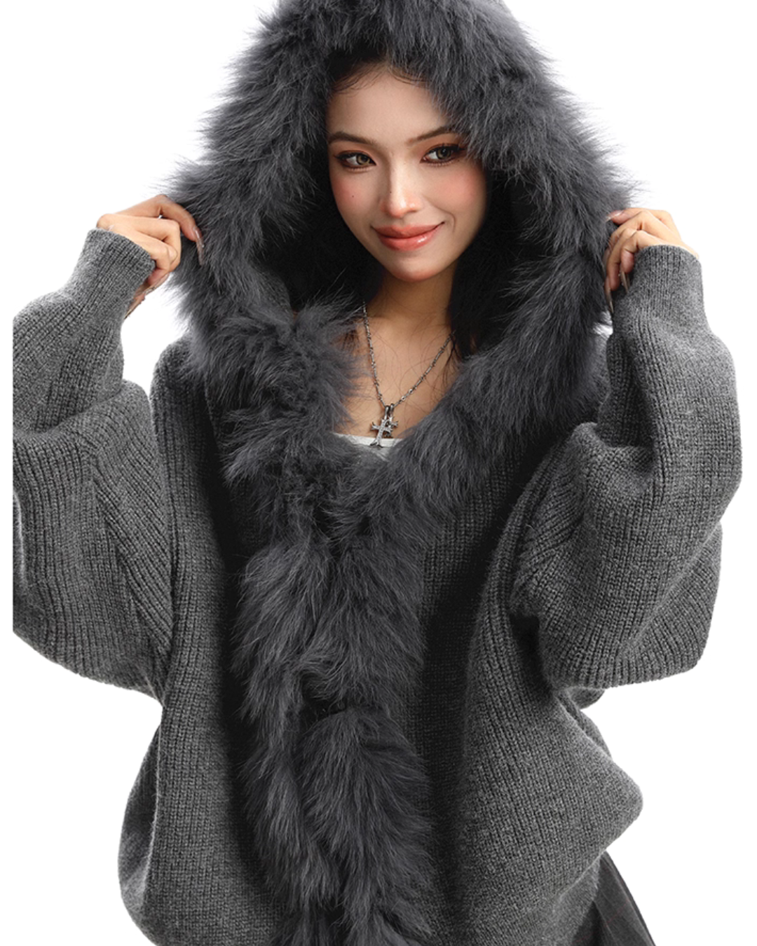 Fur Hood Zip Up Knit BGS0018