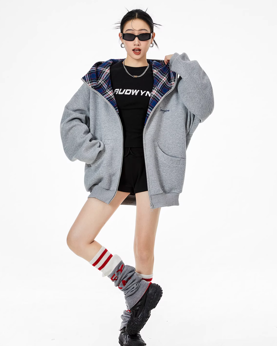Retro Plaid Stitched Zip Hoodie ICM0069