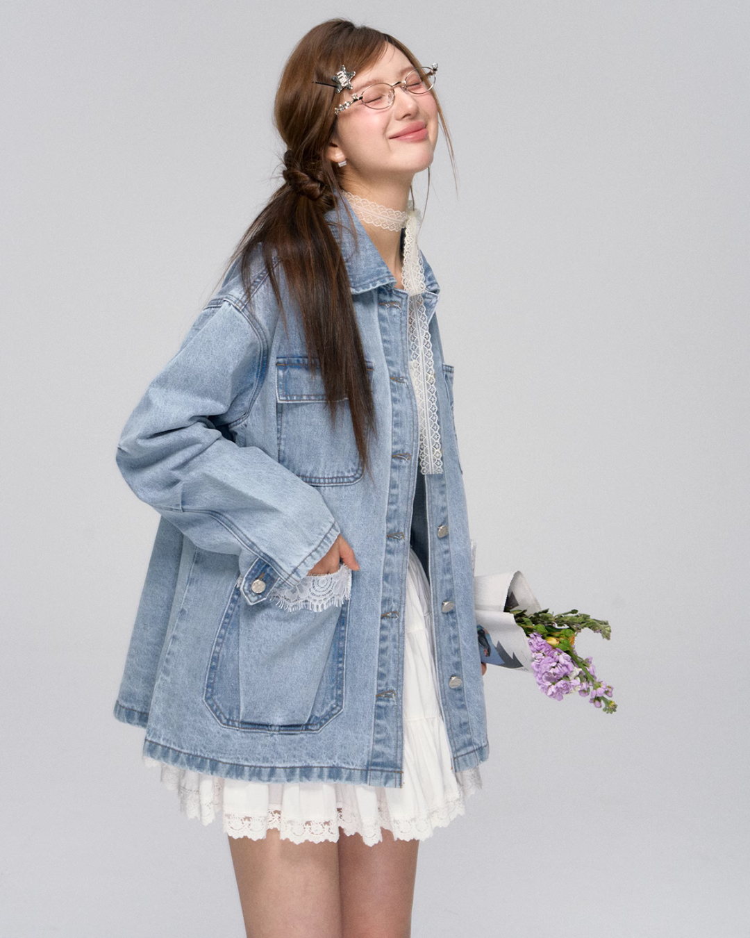 Lace Pocket Denim Jacket / Cropped Lace Camisole ASG0029