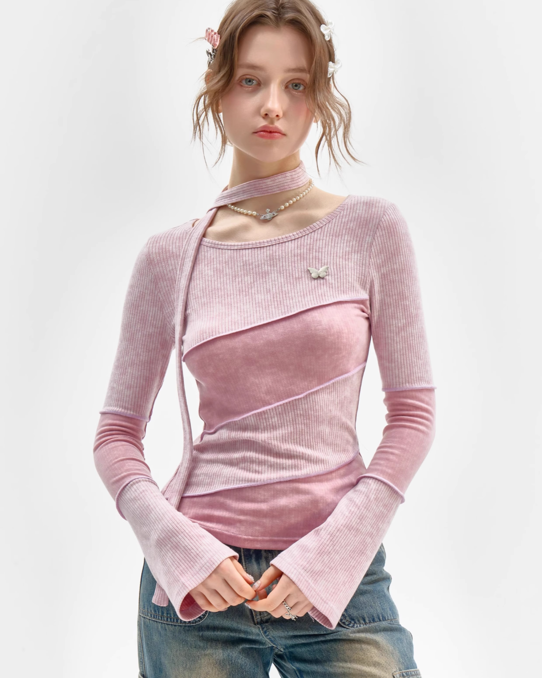 Diagonal Design Top with Choker ZZF0362