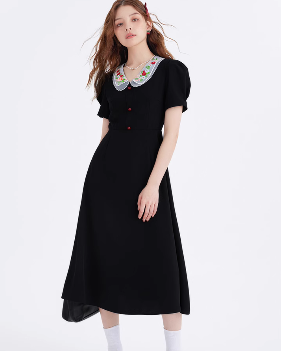 Flower Embroidery Collar Long Dress LSN0005