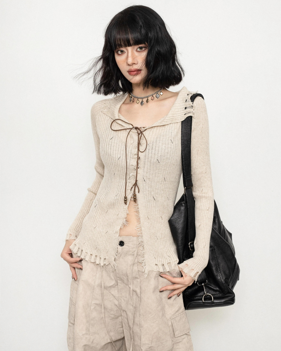 V-Neck Fringed Knit Cardigan ZRS0015