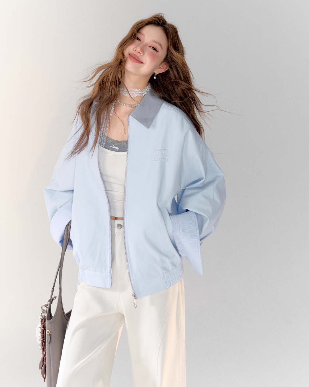Light Sea Salt Blue Jacket / White Wide Pants ASG0021