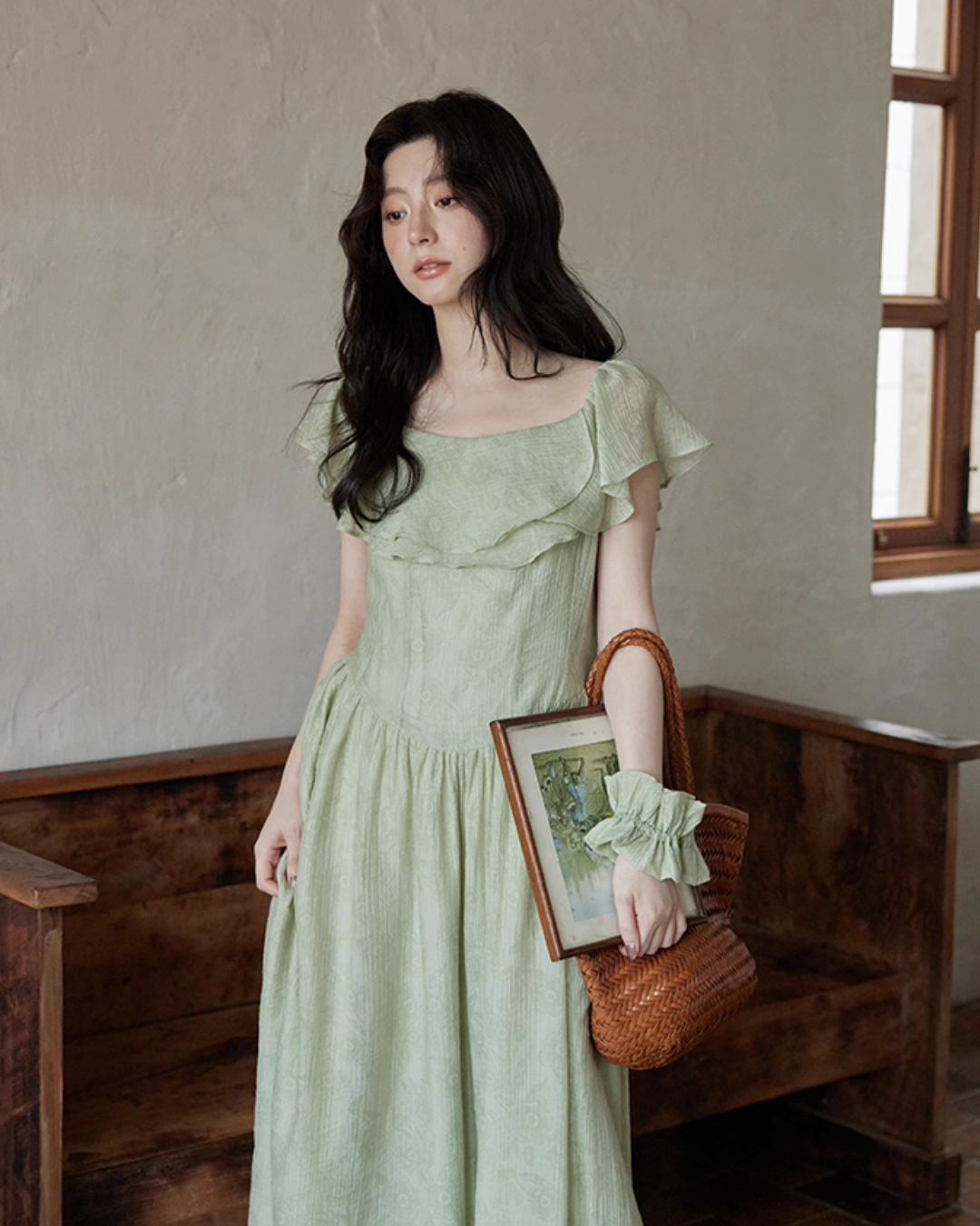 Frill Collar Green Long Dress SMS0012