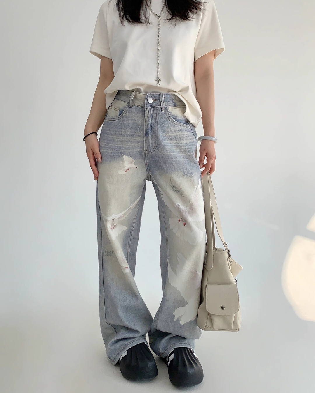Bird Print Wide Denim Pants YLS0825