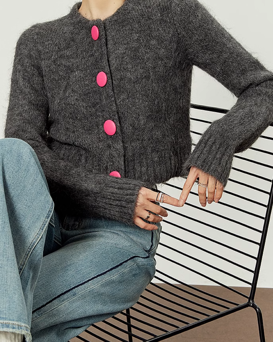 Pink Button Cropped Knit Cardigan LLA0371