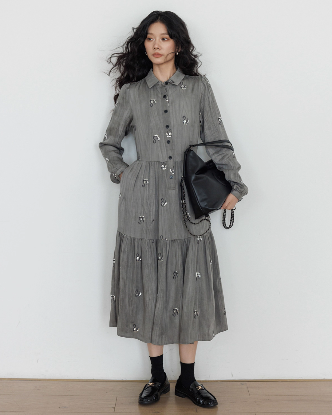 Long-Sleeve Shirt Flare Long Dress VAS0159
