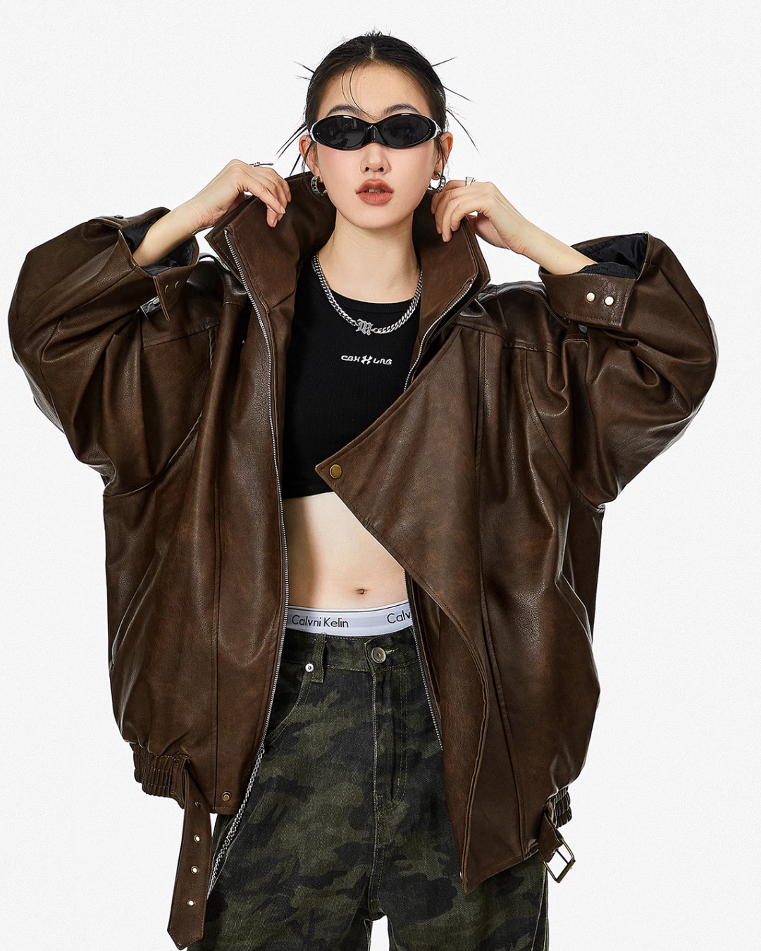 Stand Collar Volume Leather Jacket ICM0063