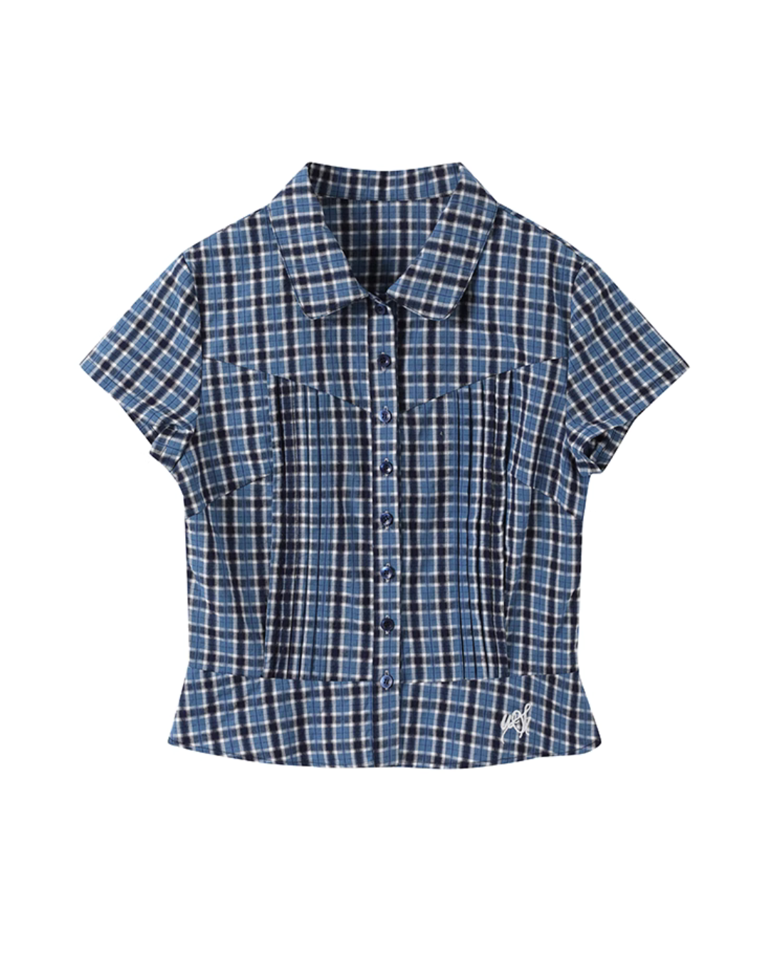 Checked Short Sleeve Shirt / Dark Blue Midi Skirt WEO0028