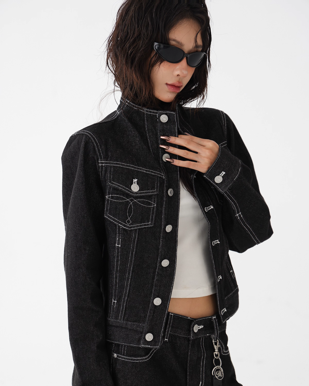 High Neck Stitch Denim Jacket / Wide Denim Pants ACS0265
