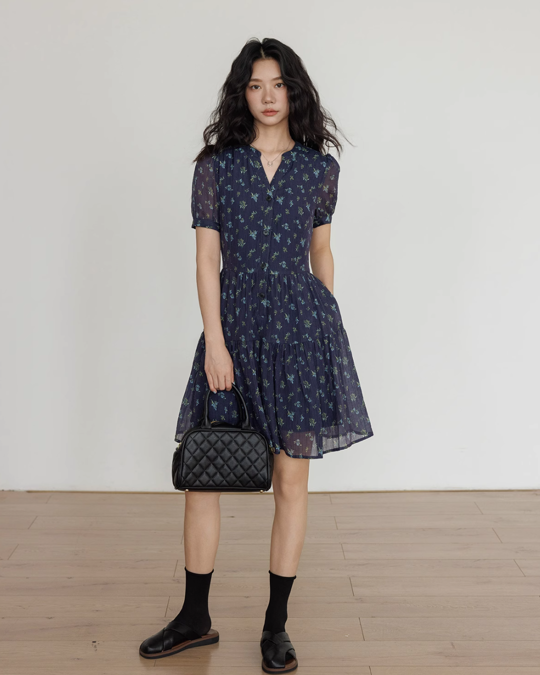 French Floral Retro V-Neck Dress VAS0015
