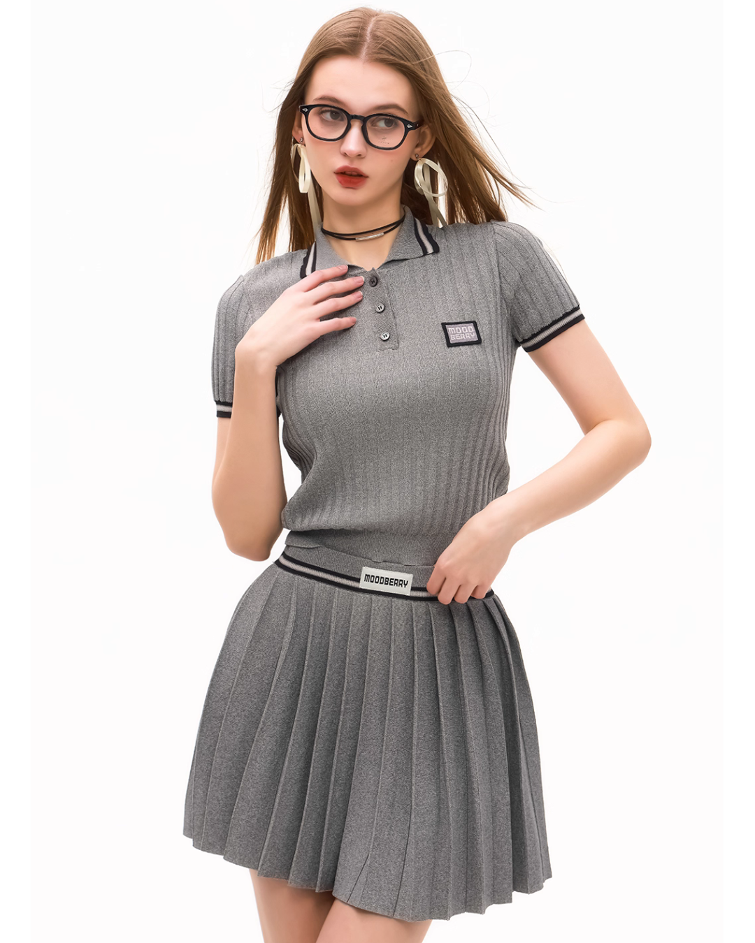 Polo Rib Knit Top / Pleated Skirt MDB0001