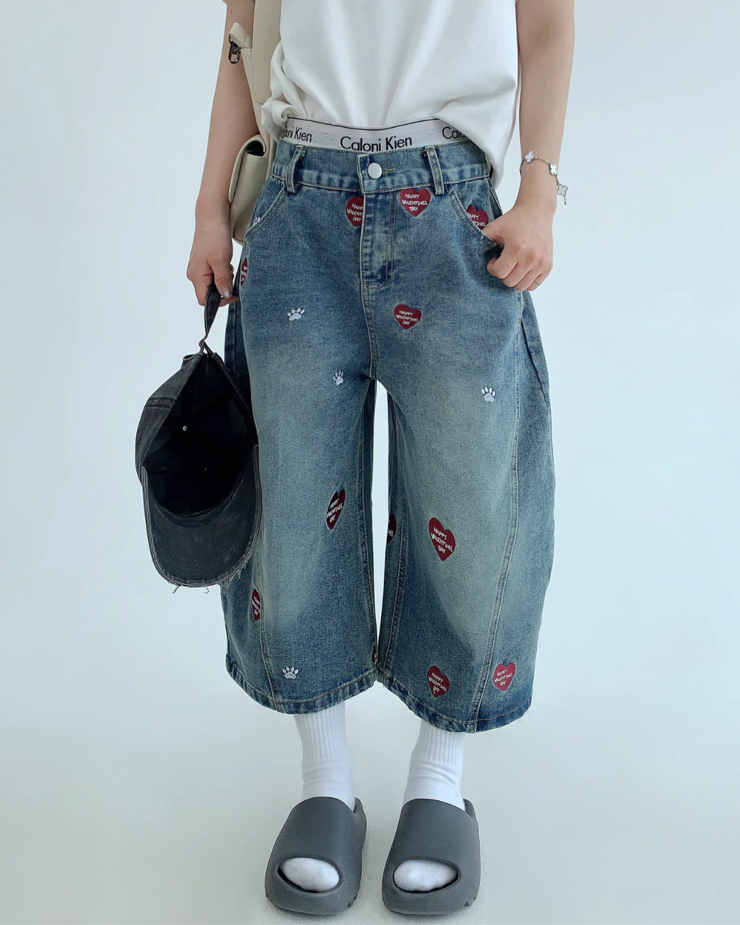 Heart Embroidery Design Wide Denim Pants YLS0851
