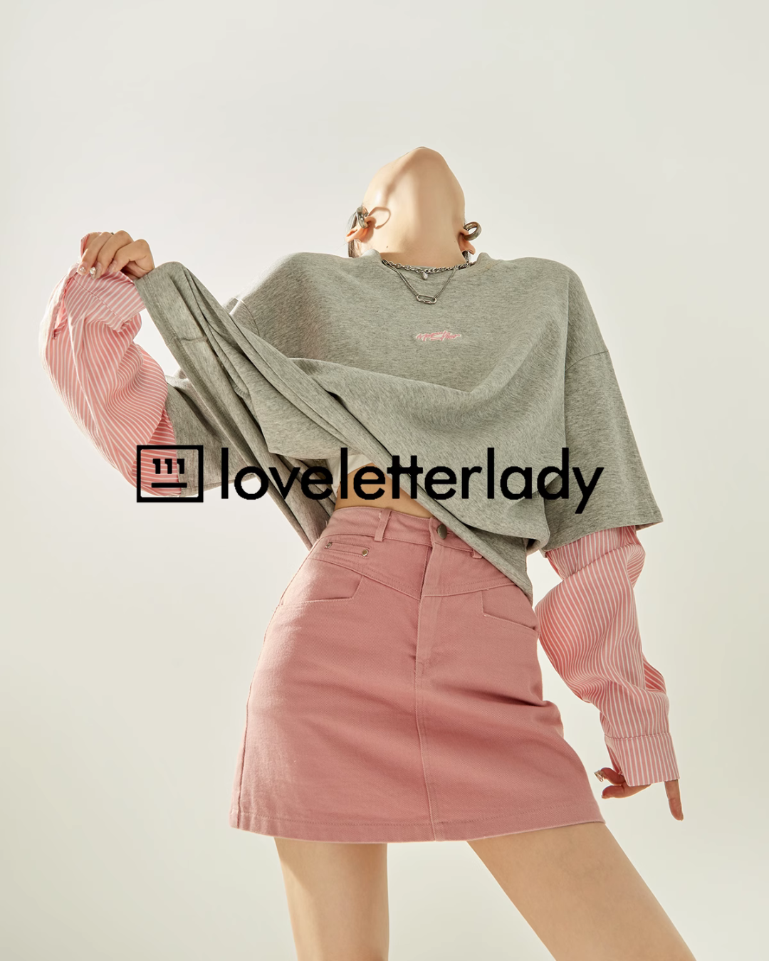 Pink Striped Shirt Layered Short Sleeve T-Shirt LLA0418