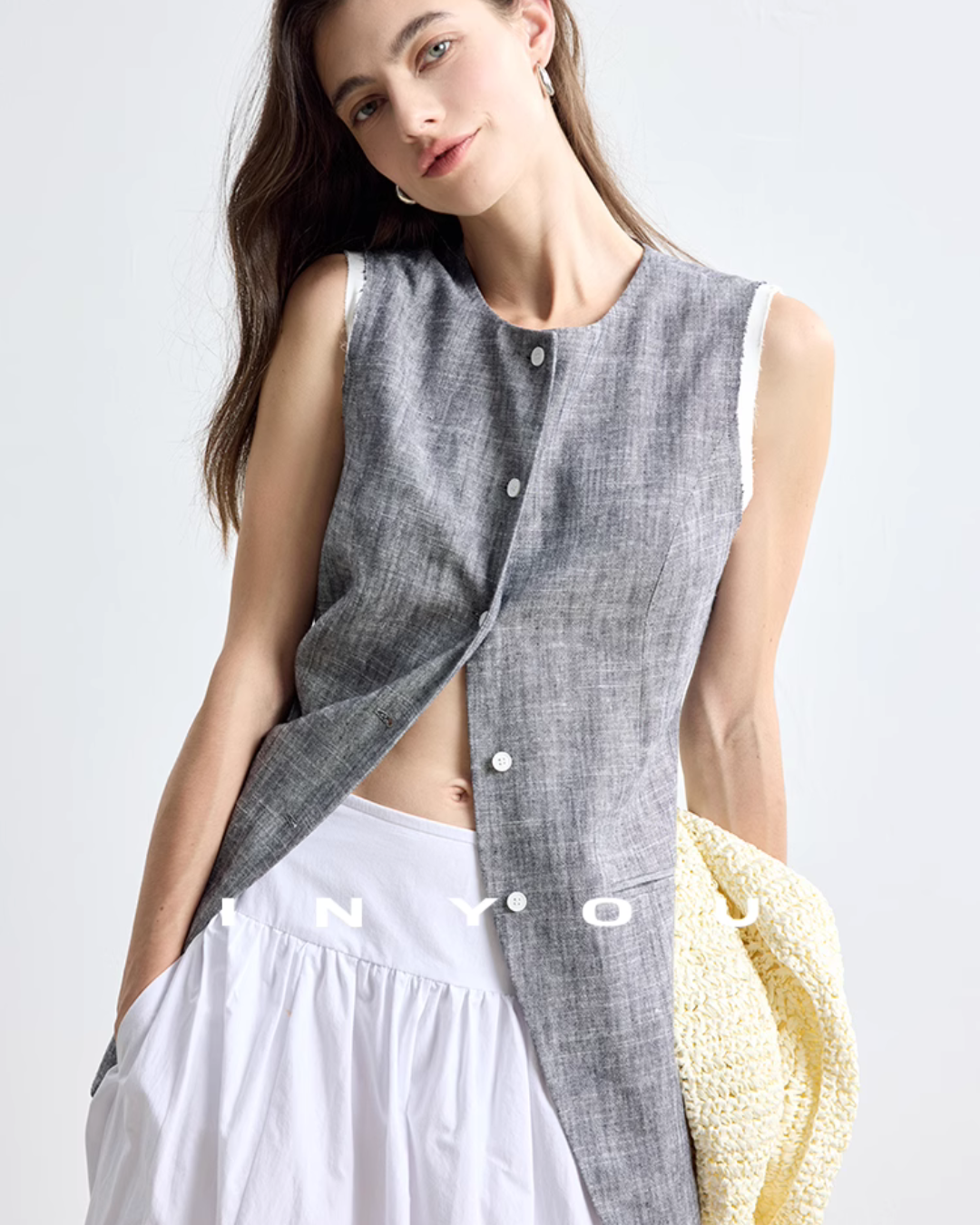 Cotton Linen No-Collar Vest IWY0004
