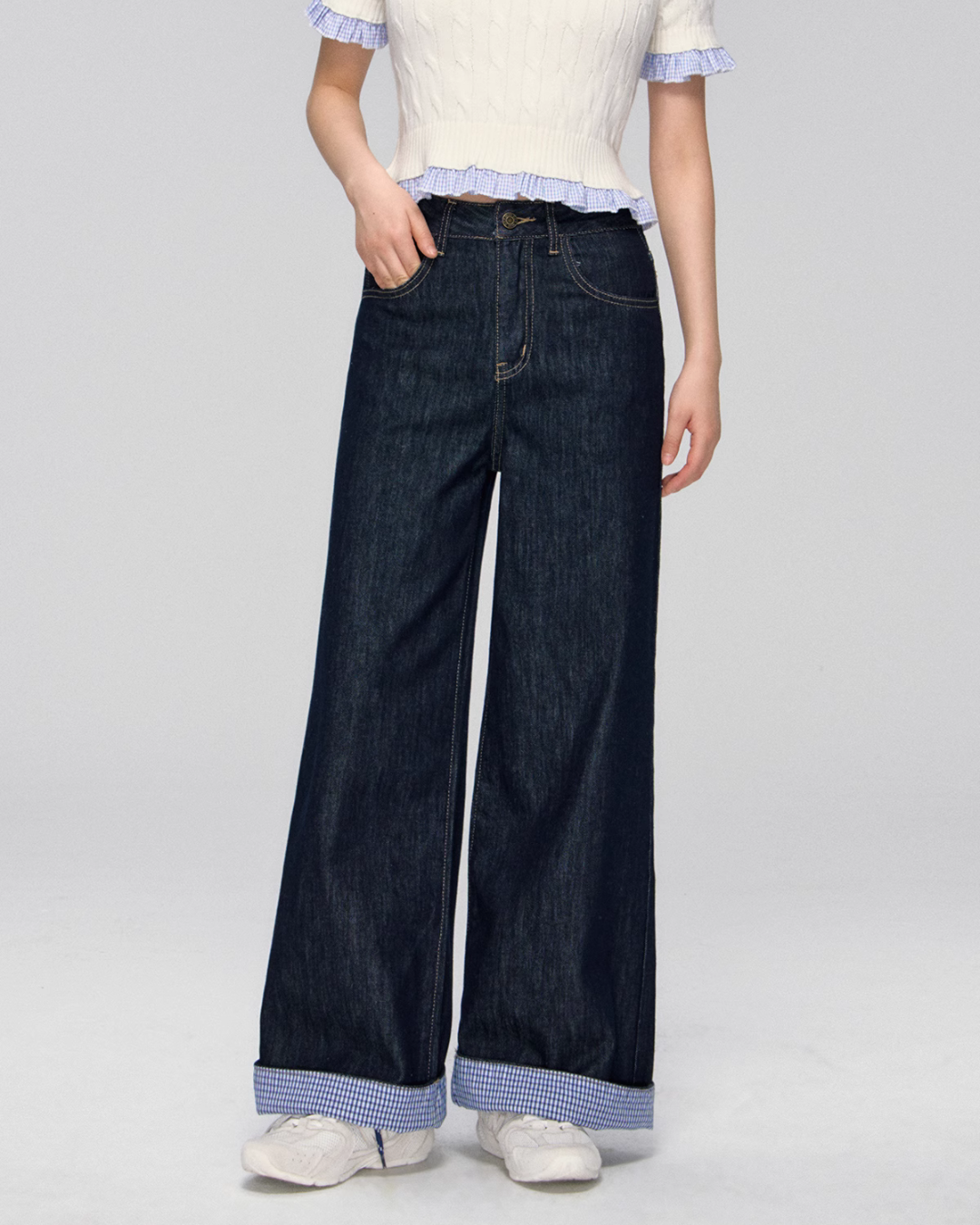 Blue Plaid Patchwork Denim Pants ASG0028